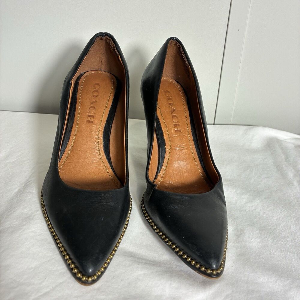 Coach Heels Sz 5 Vonna Black Leather Pointed Toe Gold Bead Chain High Heel Pump - Picture 1 of 13